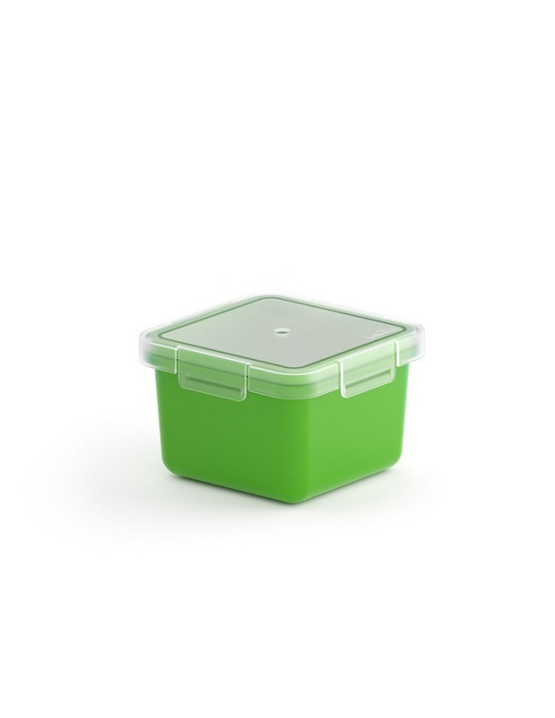 Contenitore ermetico per alimenti utilizzabile in microonde, lavastoviglie e congelatore, da -20ºC a 200ºC, realizzato in materiale termoplastico PBT color verde, capacità 400 ml
